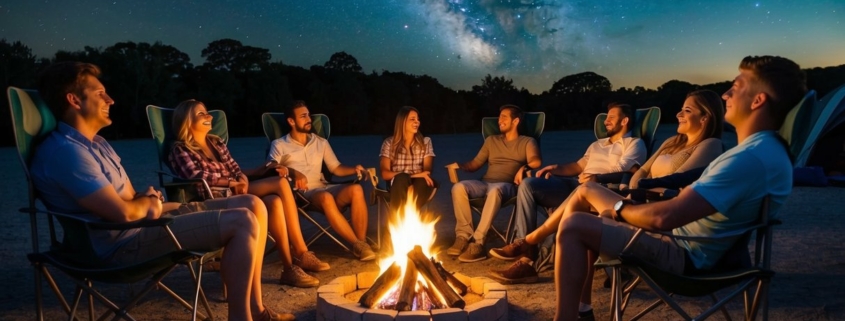 En gruppe venner sidder omkring et knitrende bål, hver komfortabelt tilbagelænet i deres egen campingstol. Stjernerne blinker over dem, mens de slapper af og nyder hinandens selskab